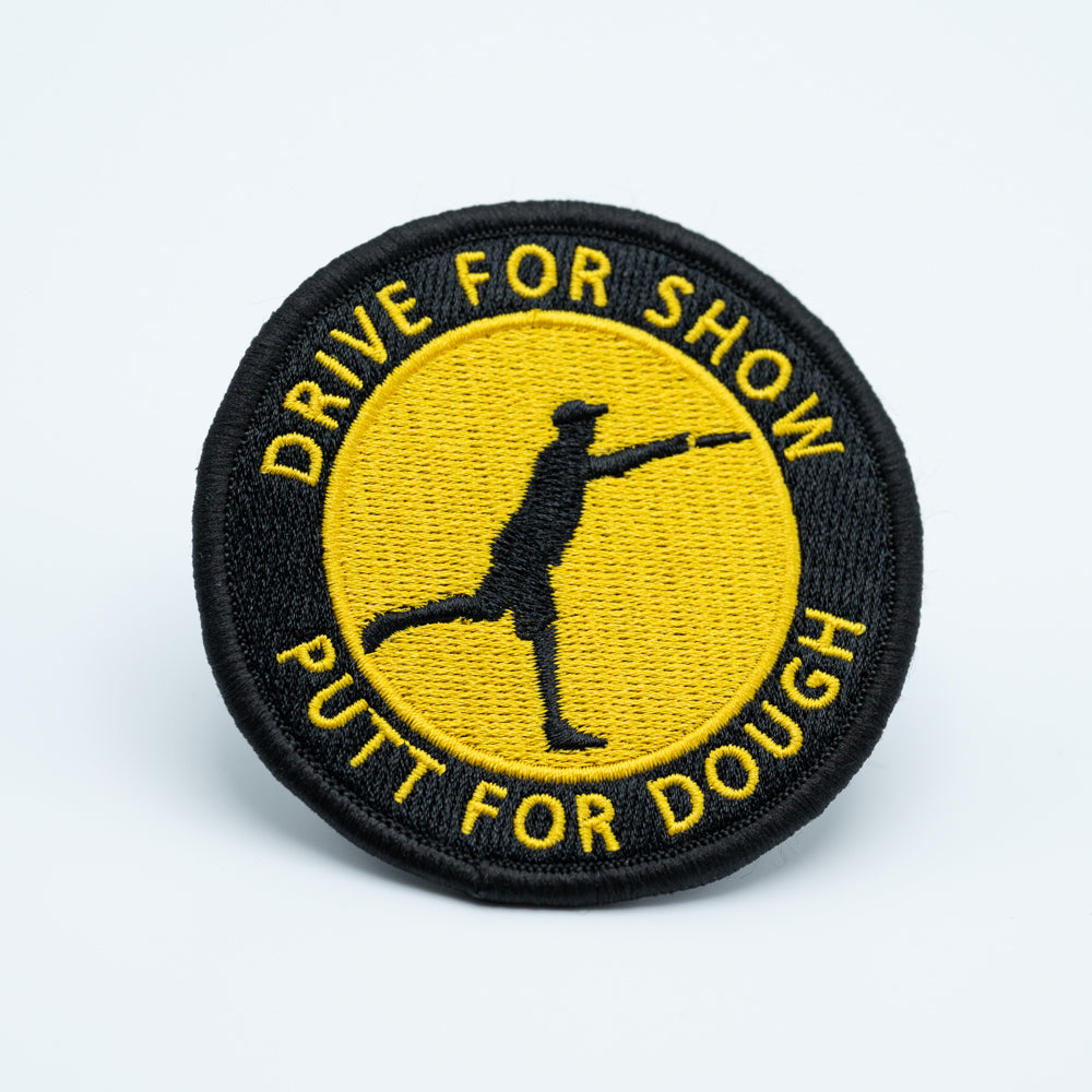 Discgolf patch with a player throwing a discgolf disc and the text Drive For Show Putt For Dough
