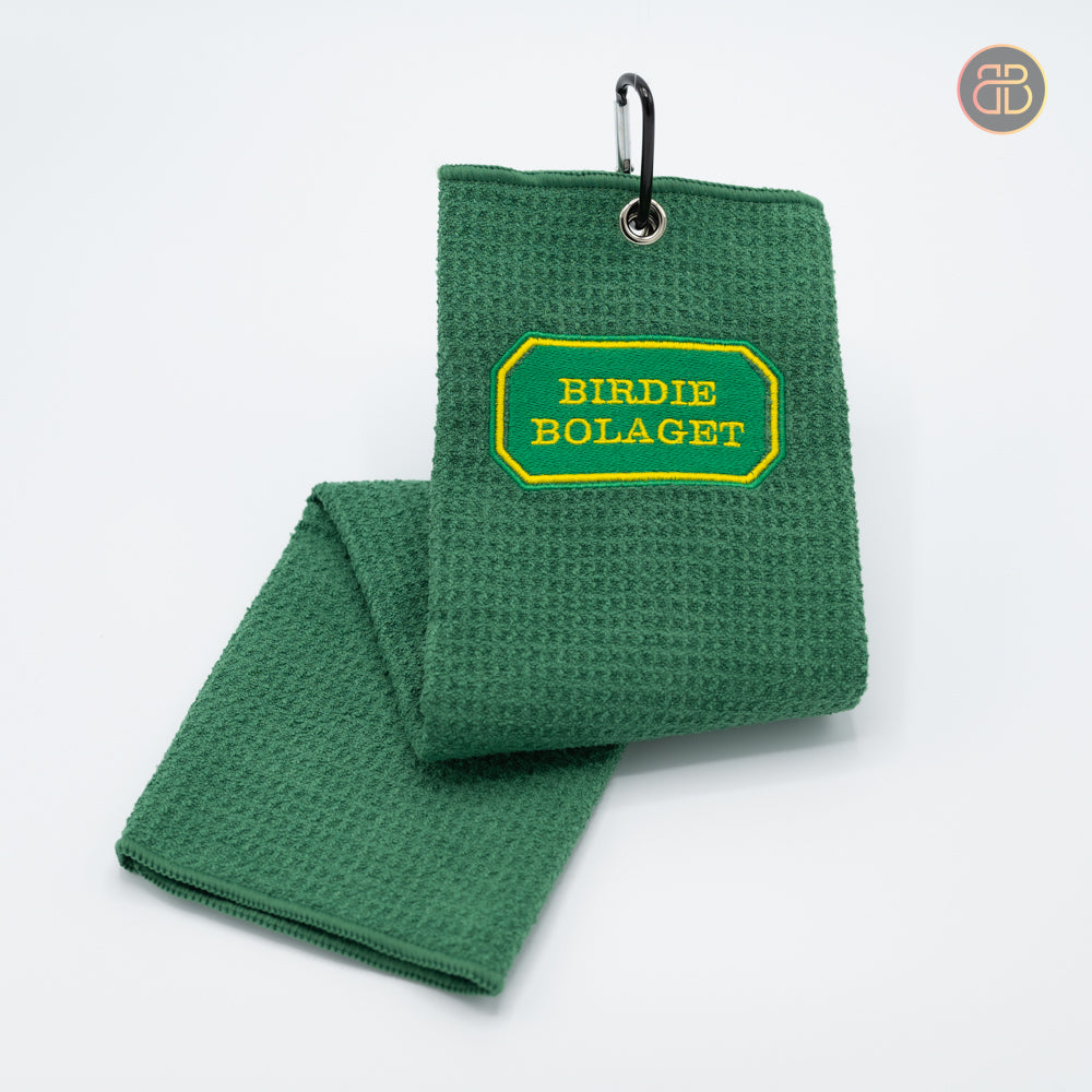 disc golf handduk towel with the text Birdie bolaget on it