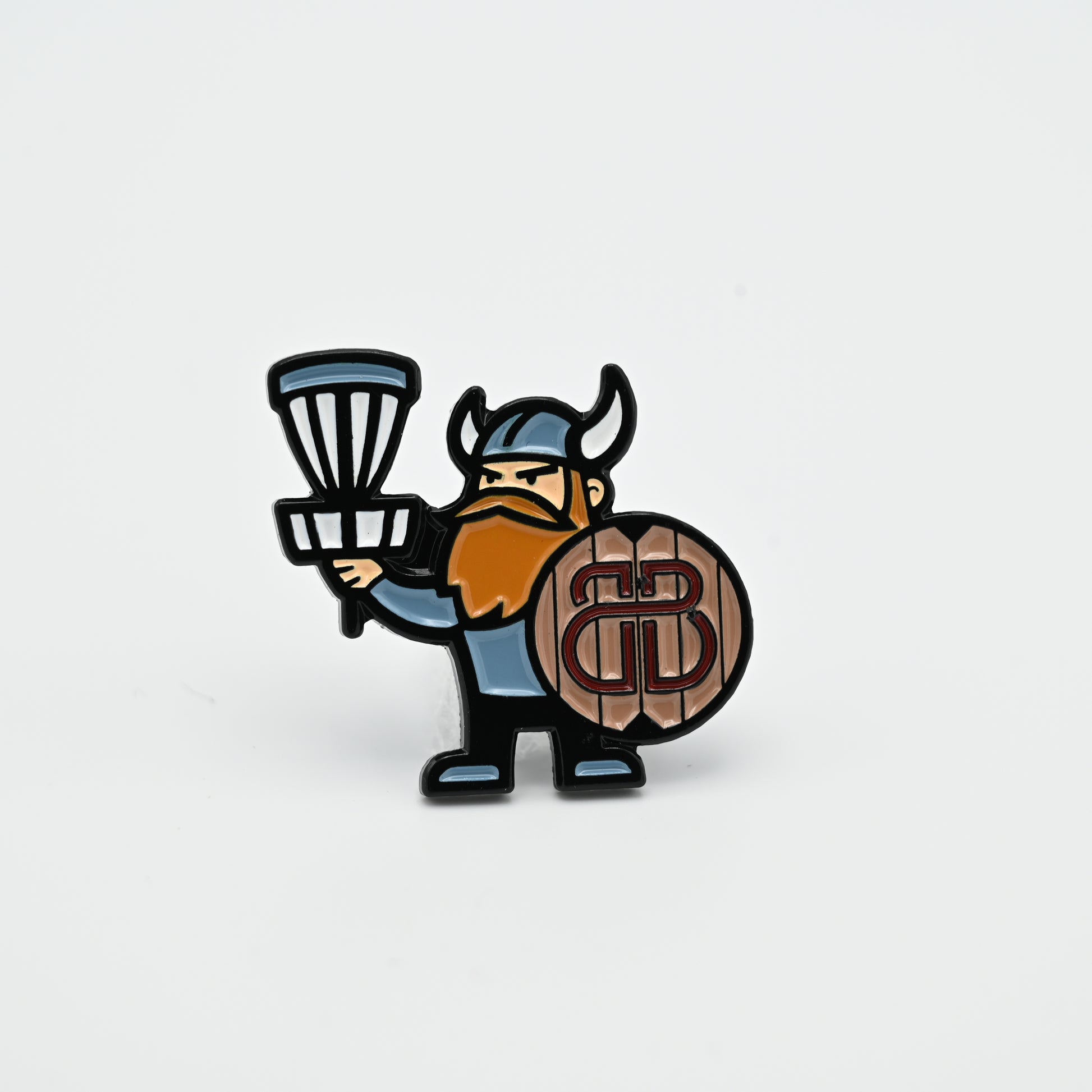 Discgolf pin with a viking that is holding a discgolf basket and a shield