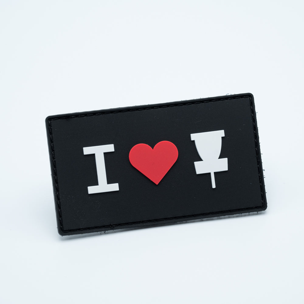 Discgolf patch in PVC with the symbols I Love Discgolf