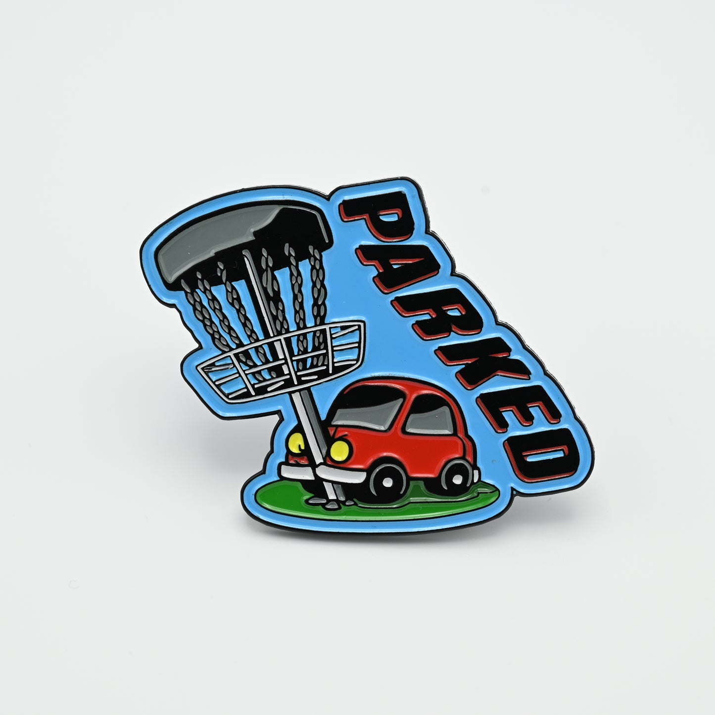 Discgolf pin with a car that has crashed into a discgolf basket and the text PARKED